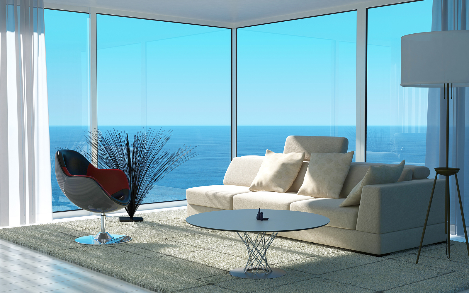 Luxe villa A 3D rendering of sunny living room interior