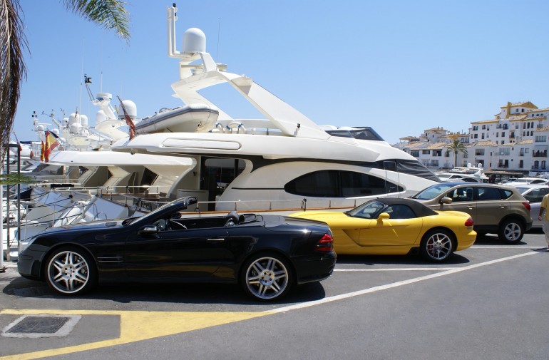 Luxury cars, Restaurants near harbour, Puerto Banus, Marbella